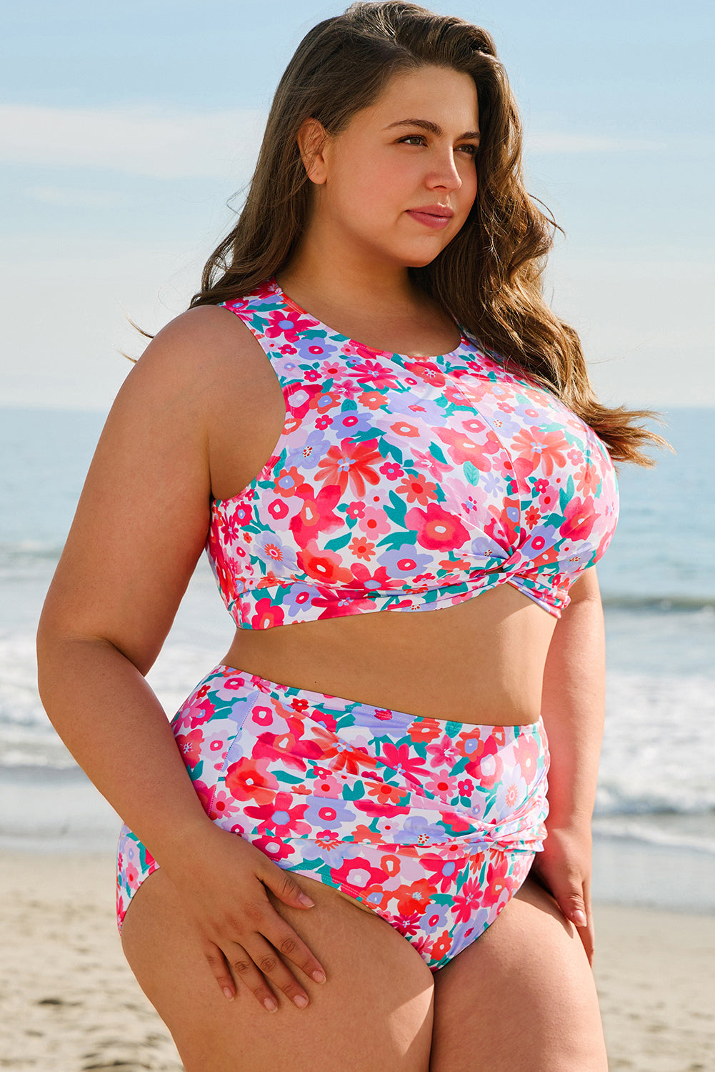 Rose Floral Print Twisted High Waist Bikini Set