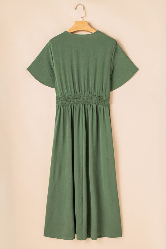 Four Leaf Clover Surplice Neckline Shirred High Waist Maxi Dress