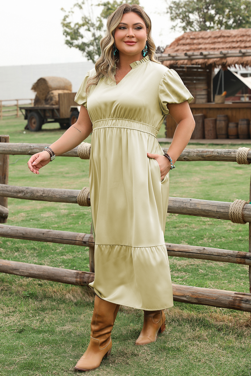 Laurel Green Notched V Neck Puff Sleeve Tiered Maxi Dress