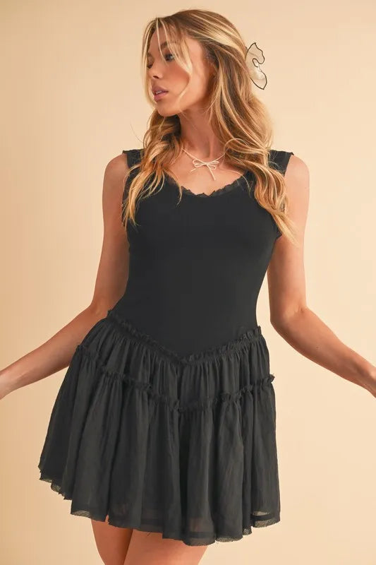 Frill Sleeveless Drop Waist Mini Dress