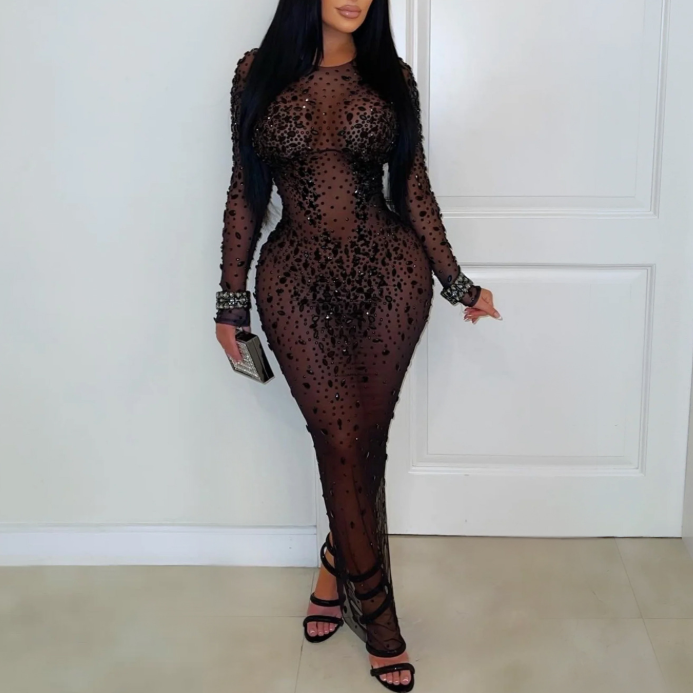 Sexy Sheer Mesh Rhinestone Sheath Dress