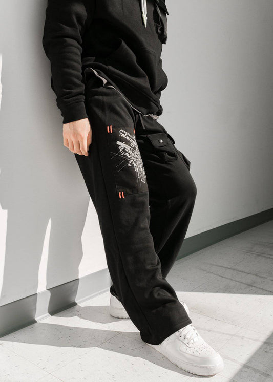 Konus Men's Wide Print Patch French Terry Sweatpants in Black