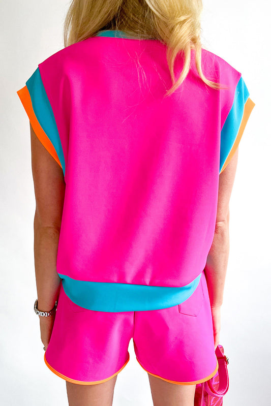 Rose Red Colorblock Patchwork Cap Sleeve Top Shorts Set