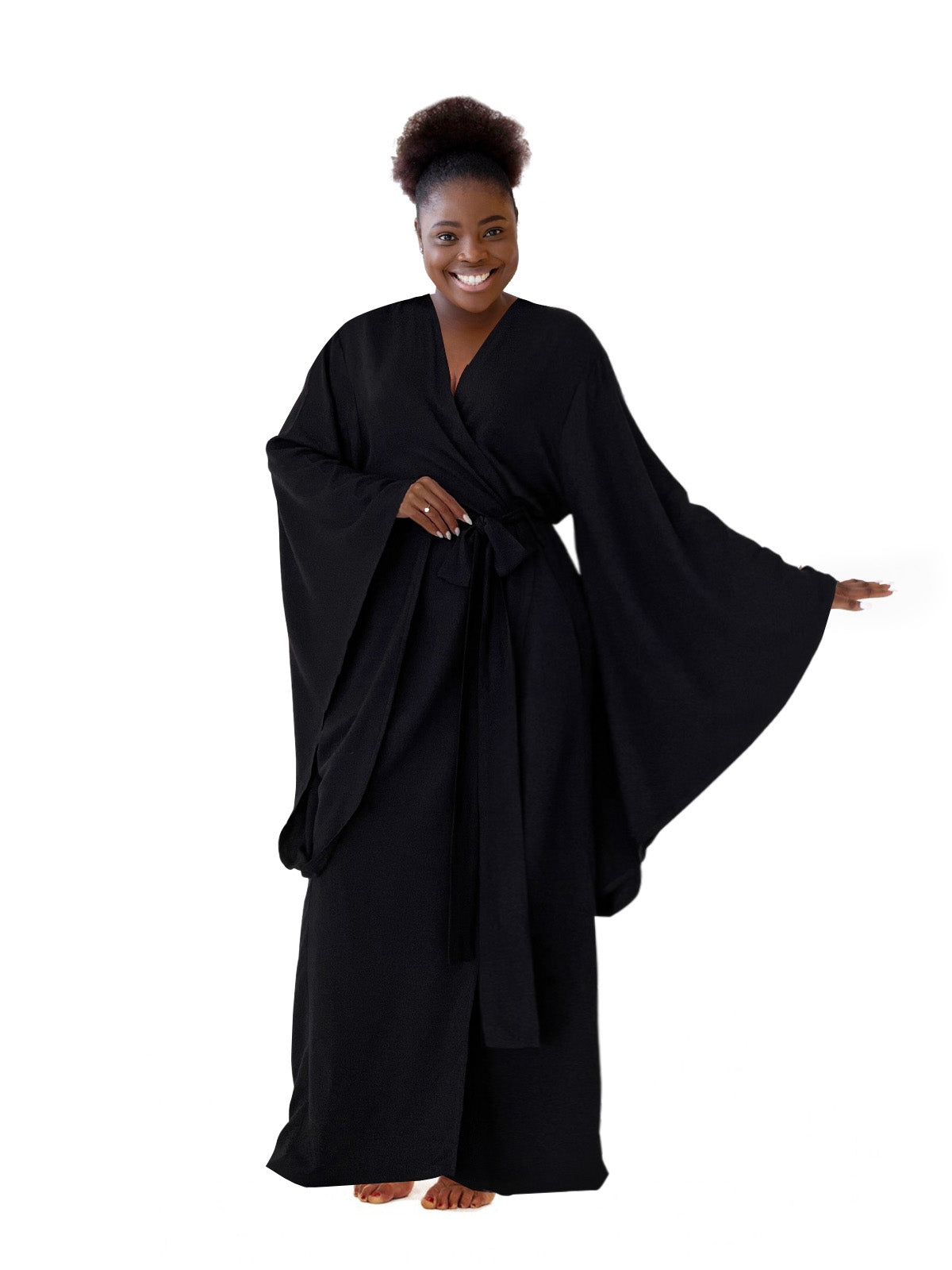 Kimono Viscose Long Robe in Black with pockets