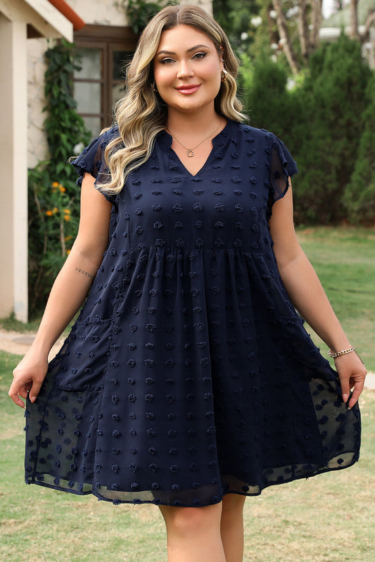 Navy Blue Dotty Textured Notched Neck Ruffled Dress