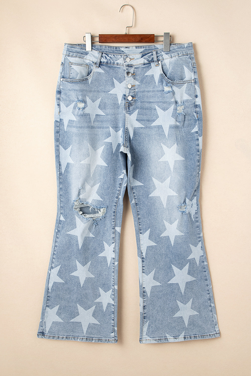 Sky Blue Star Printed Multi Buttons Slit Knee Destroyed Jeans