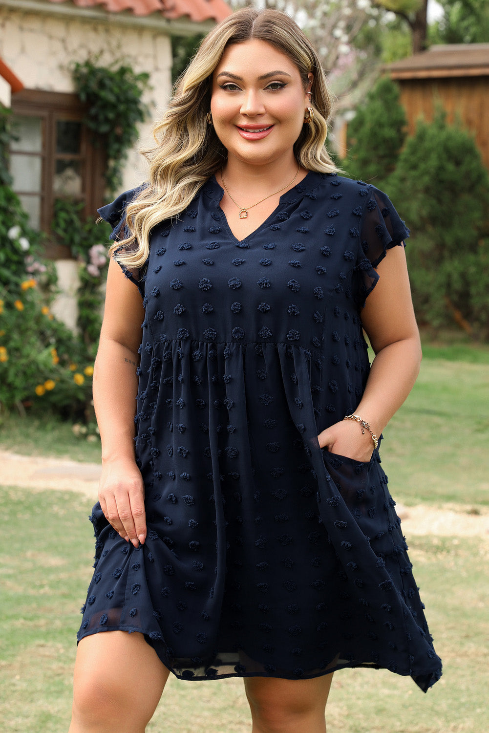 Navy Blue Dotty Textured Notched Neck Ruffled Dress