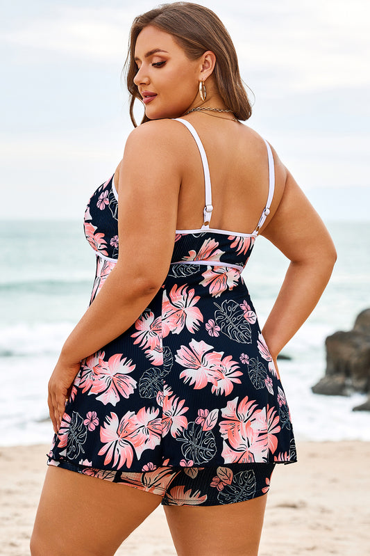 Black Ribbed Contrast Trim Adjustable Straps 2pcs Swimsuit