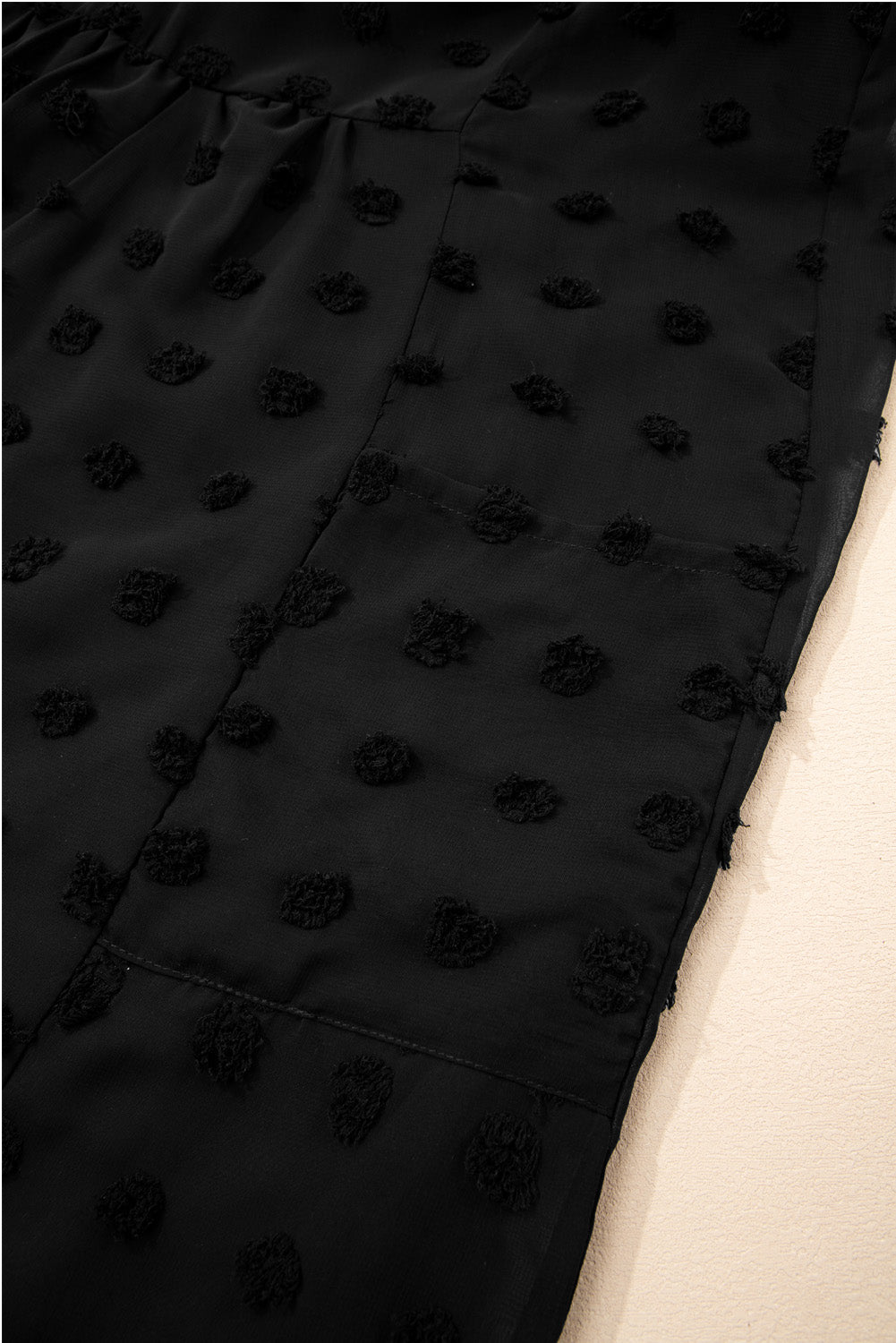Black Dotty Textured Notched Neck Ruffled Dress