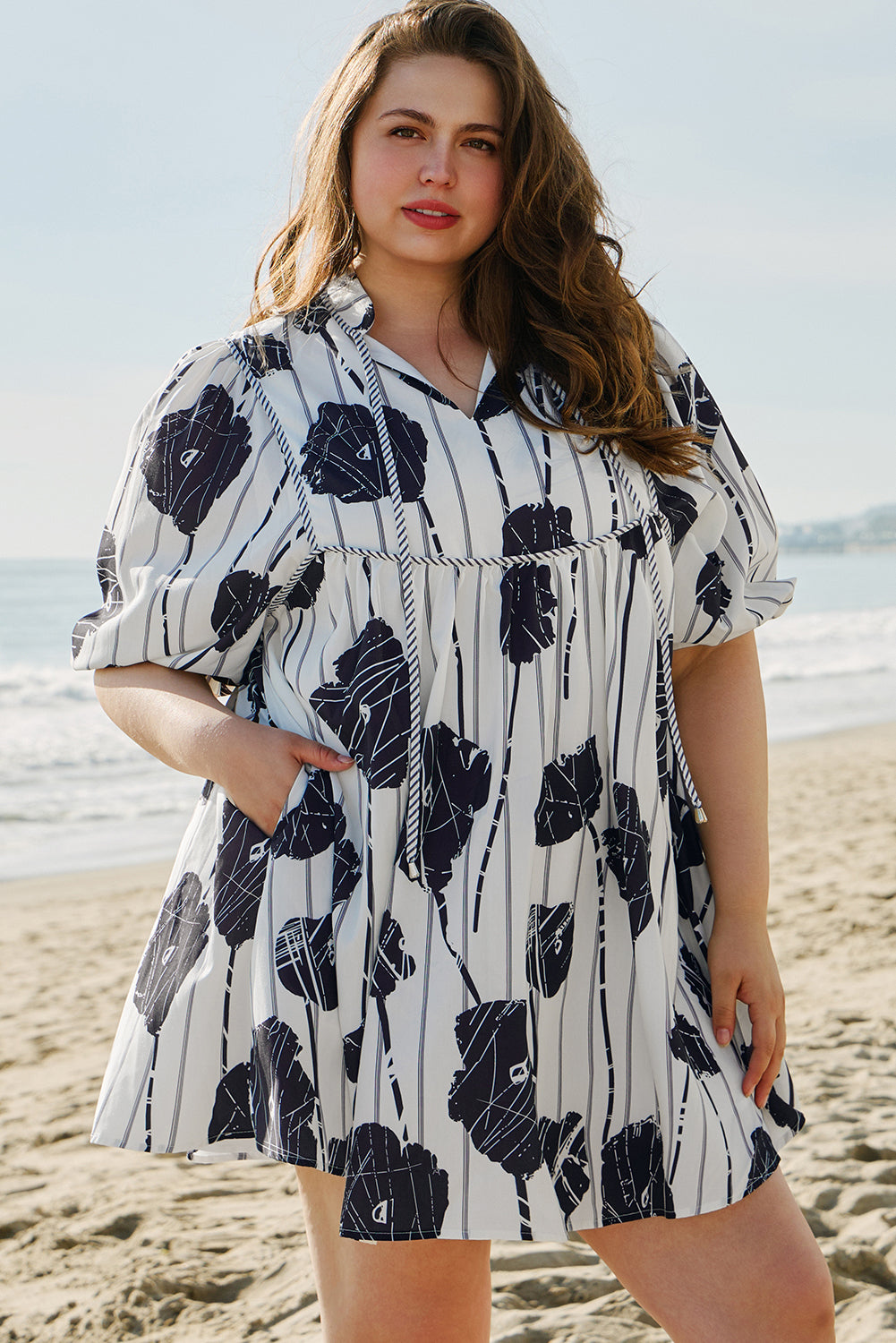 Floral 3/4 Puff Sleeve Lace-up Neck Mini Dress