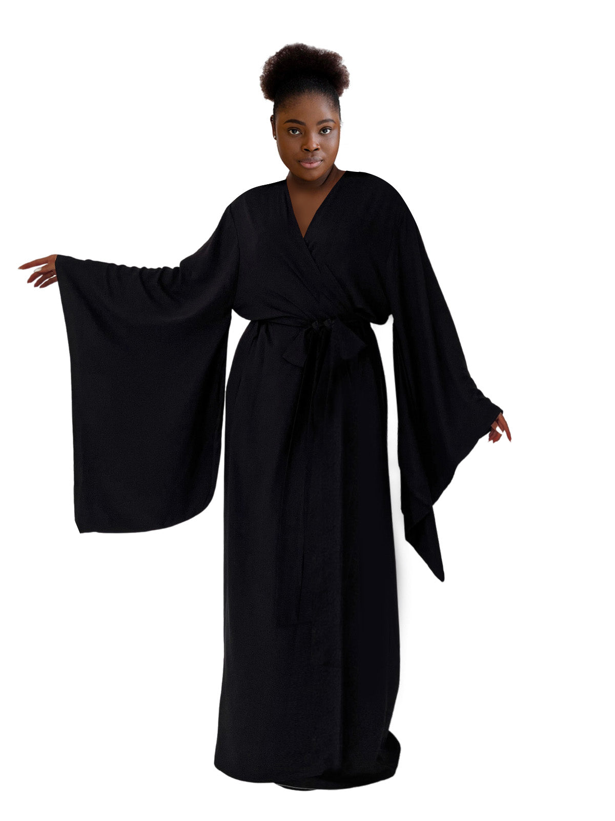Kimono Viscose Long Robe in Black with pockets