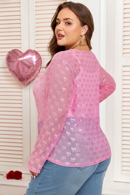 Pink Bow Embroidered Mesh Long Sleeve Top