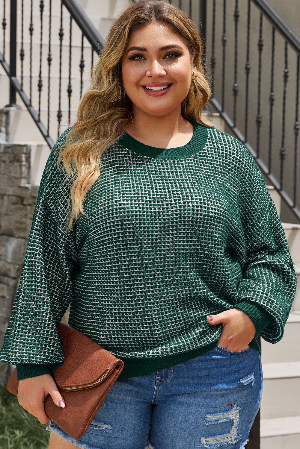 Waffle-Knit Round Neck Dropped Shoulder Sweater