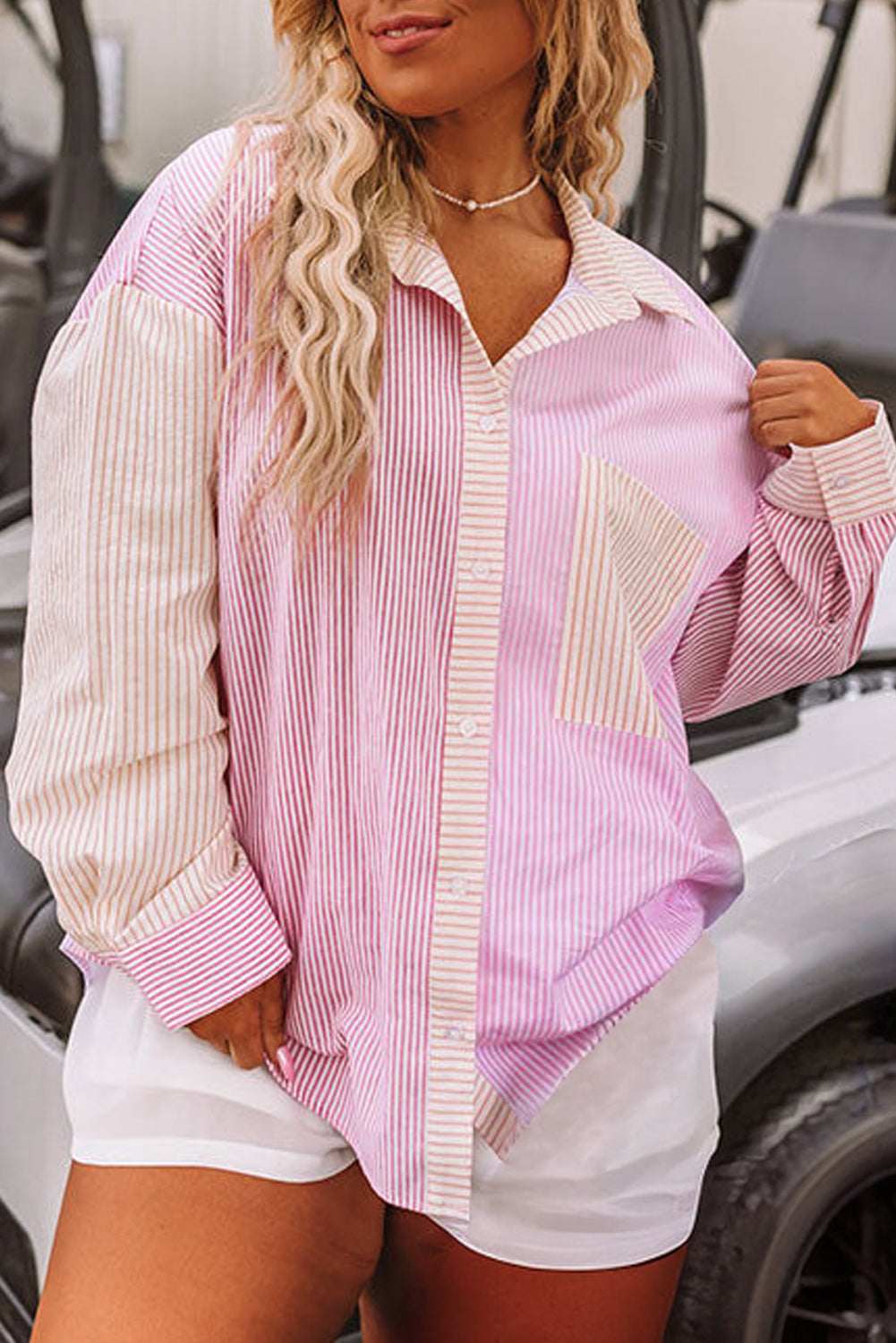Pink Stripe Print Colorblock Shirt