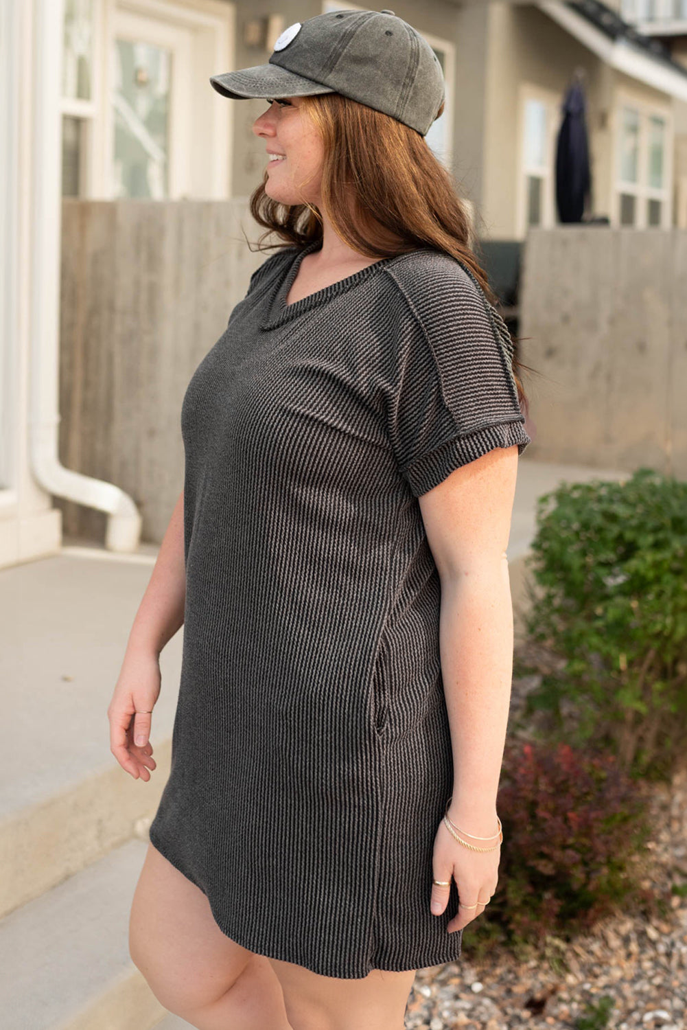 Carbon Grey Corded V Neck T Shirt Dress with Pockets