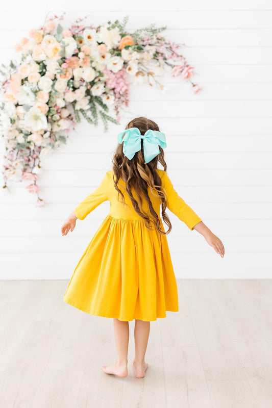 Mustard 3/4 Sleeve Pocket Twirl Dress