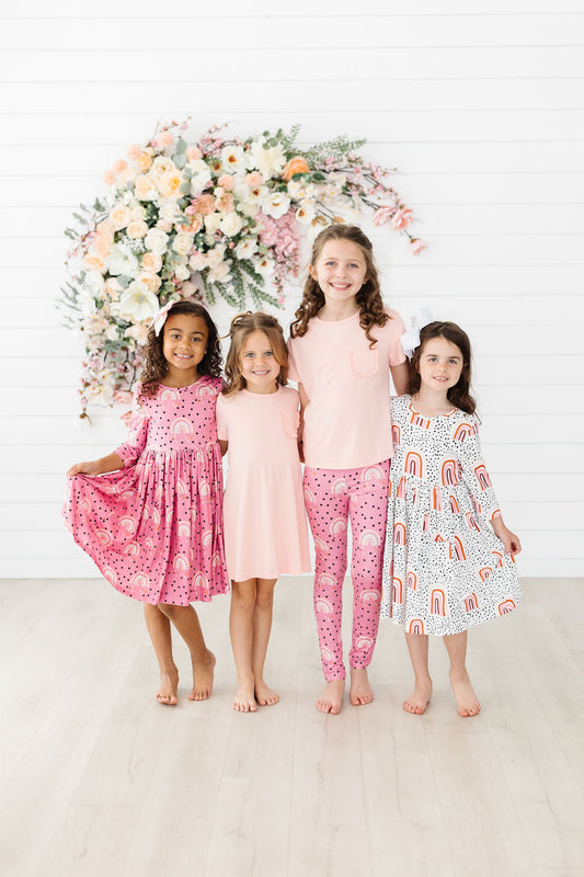 Peach Rainbow 3/4 Sleeve Pocket Twirl Dress