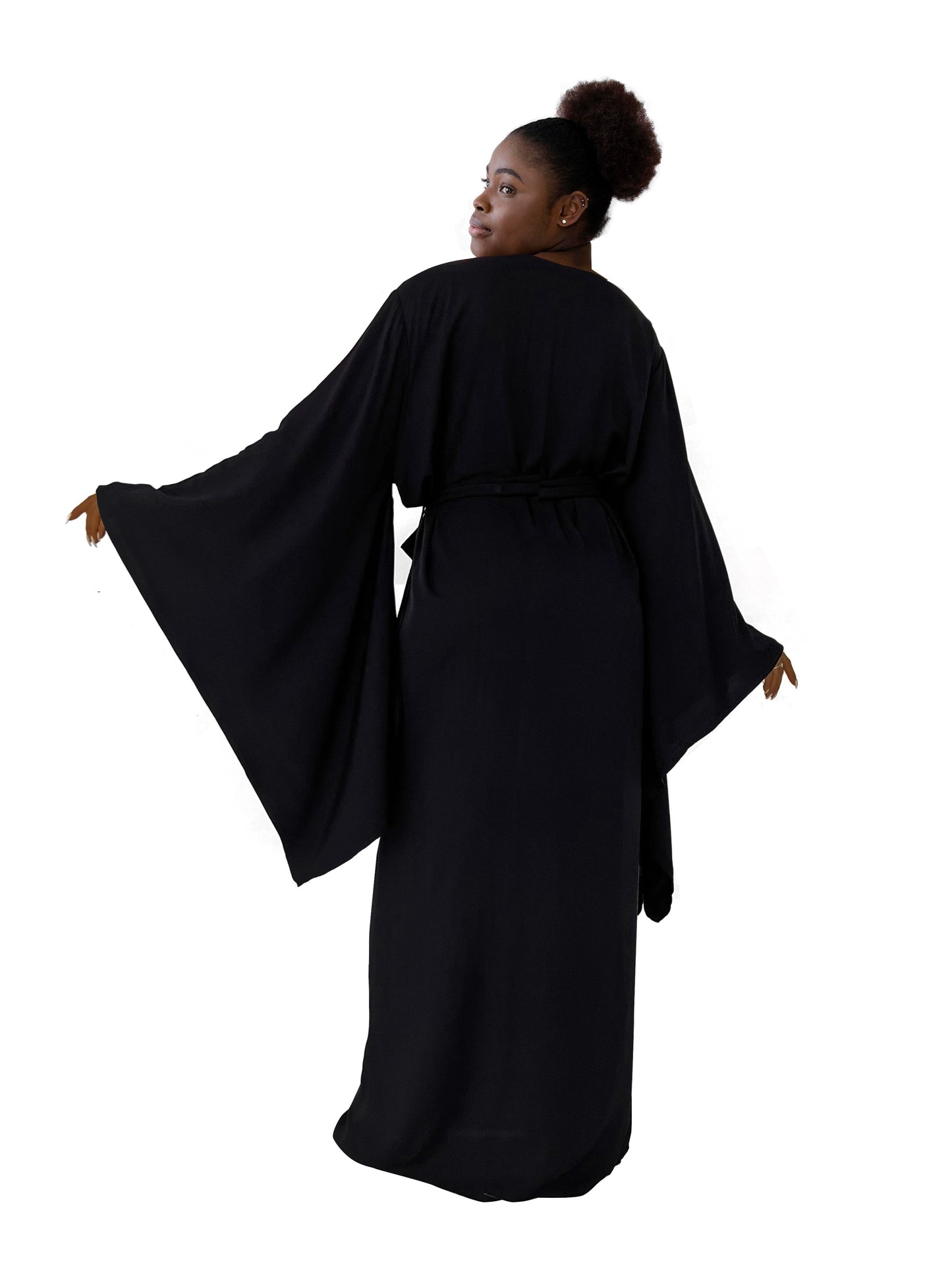 Kimono Viscose Long Robe in Black with pockets