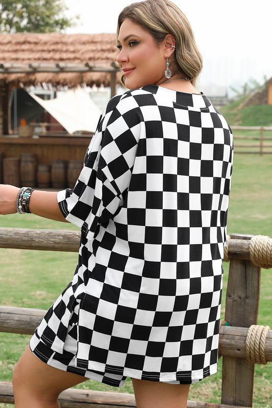 Black Checkered Pattern Tee and Shorts Two Piece Set
