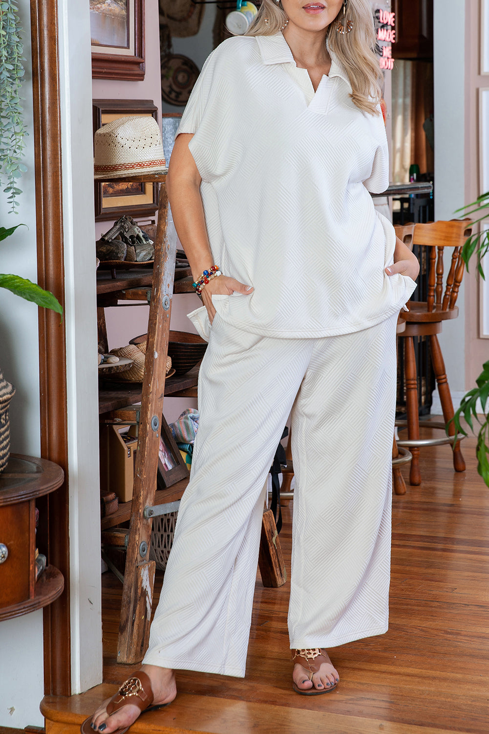 Beige Textured Collared Top and Pants Set