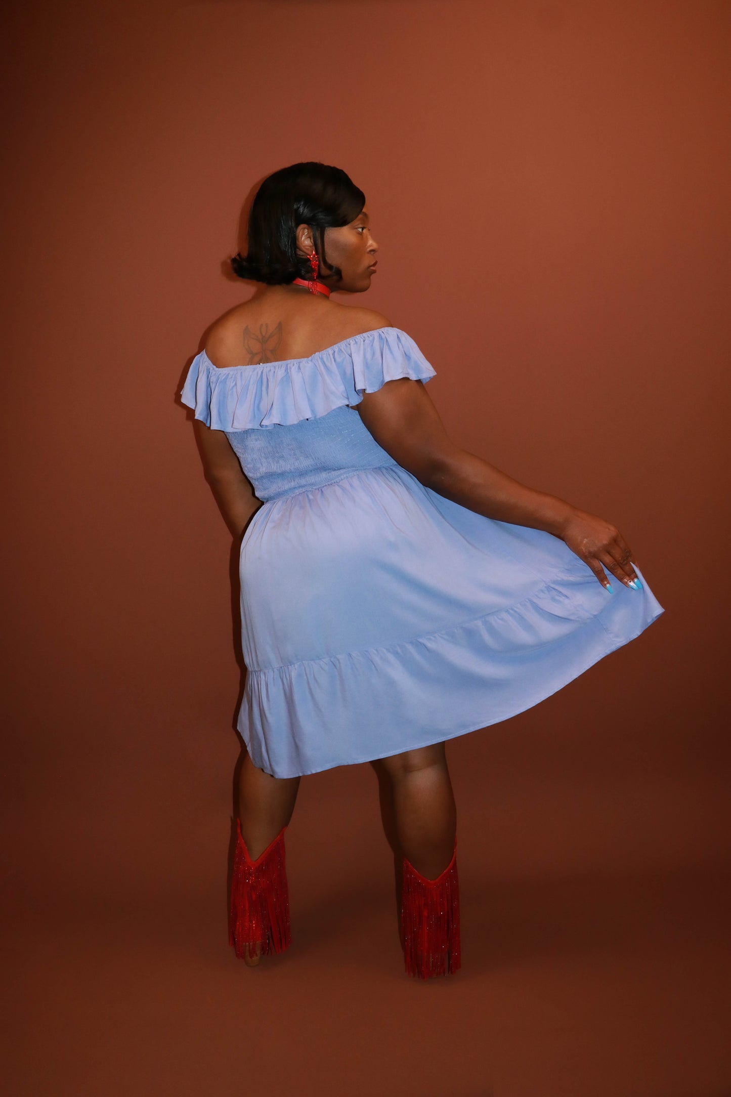 Ruffled Smocked Off-Shoulder Mini Dress