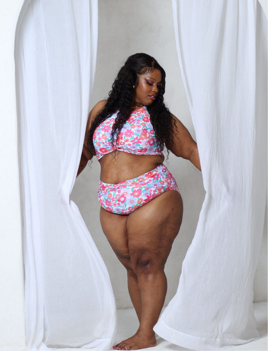 Rose Floral Print Twisted High Waist Bikini Set