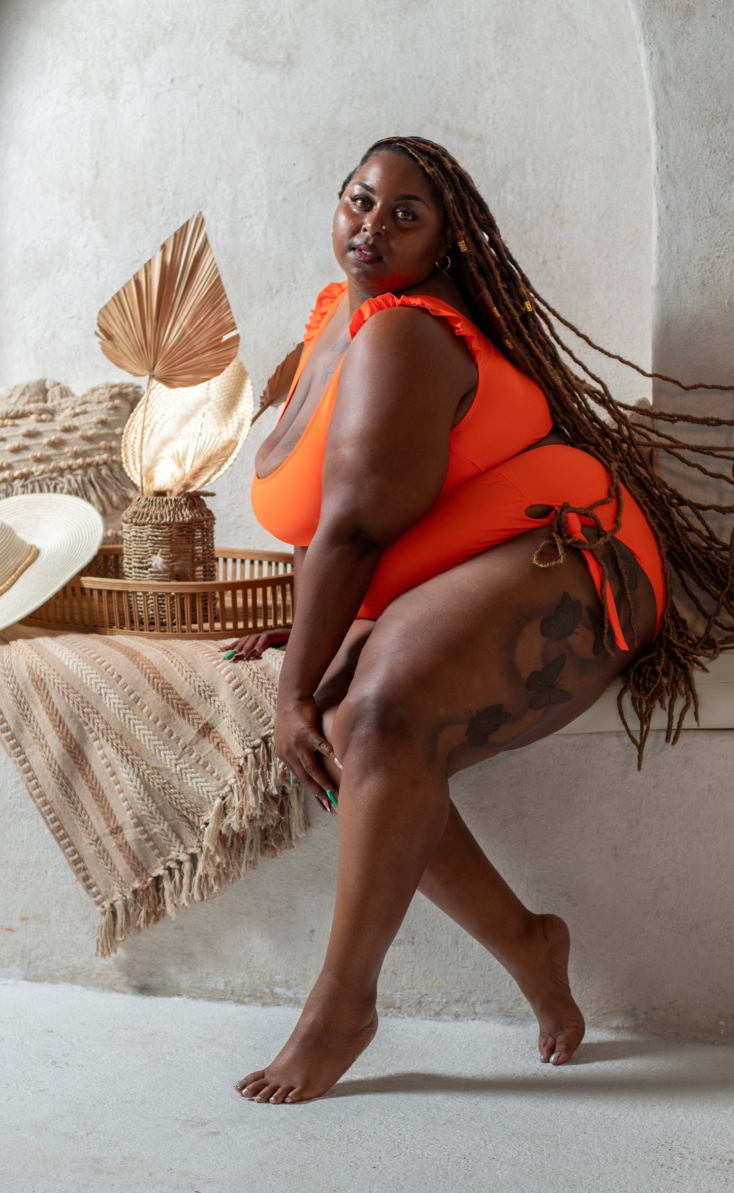 Orange Ruffled Trim Knotted High Waist Bikini Set