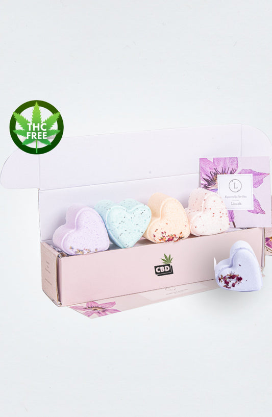 CBD - 5 Hearts Shaped Shower Steamers/ fizzies with CBD - in a Gift Box - Can be personalized. (THC free)