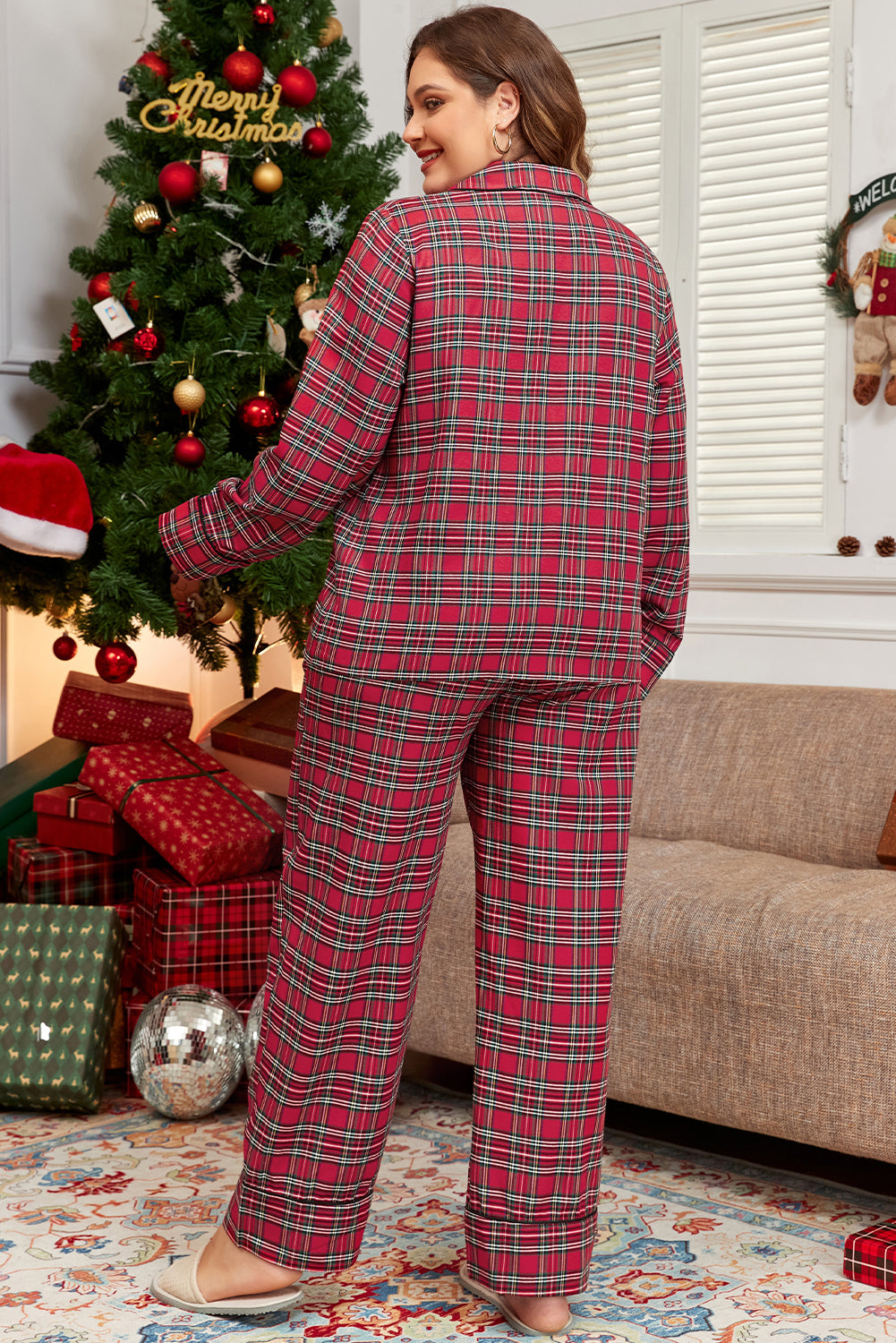 Red Plaid Printed Shirt and Pants Lounge Set