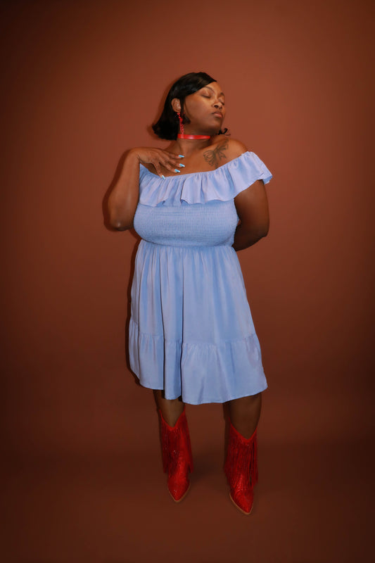 Ruffled Smocked Off-Shoulder Mini Dress