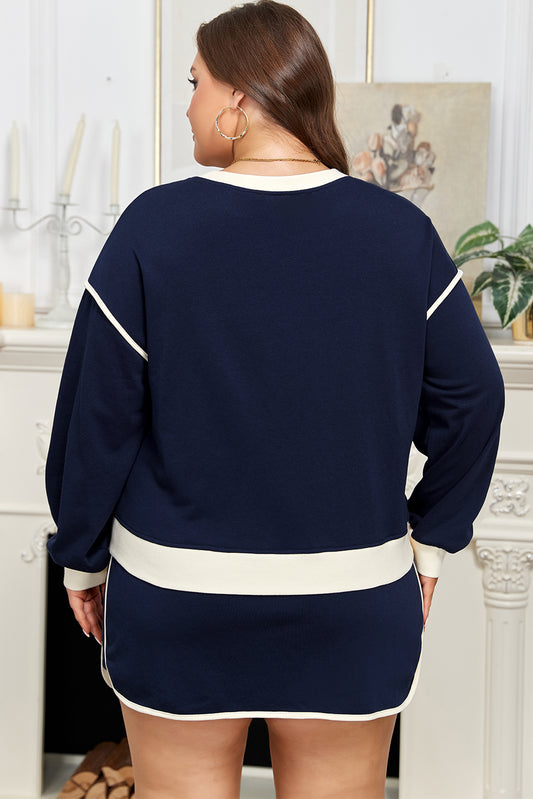 Navy Blue Color Block Drop Shoulder Top and Lace-up Skirt Outfit