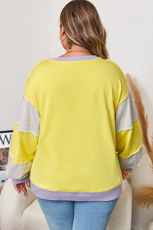 Yellow Striped Color Block Patchwork Crewneck Pullover Sweatshirt
