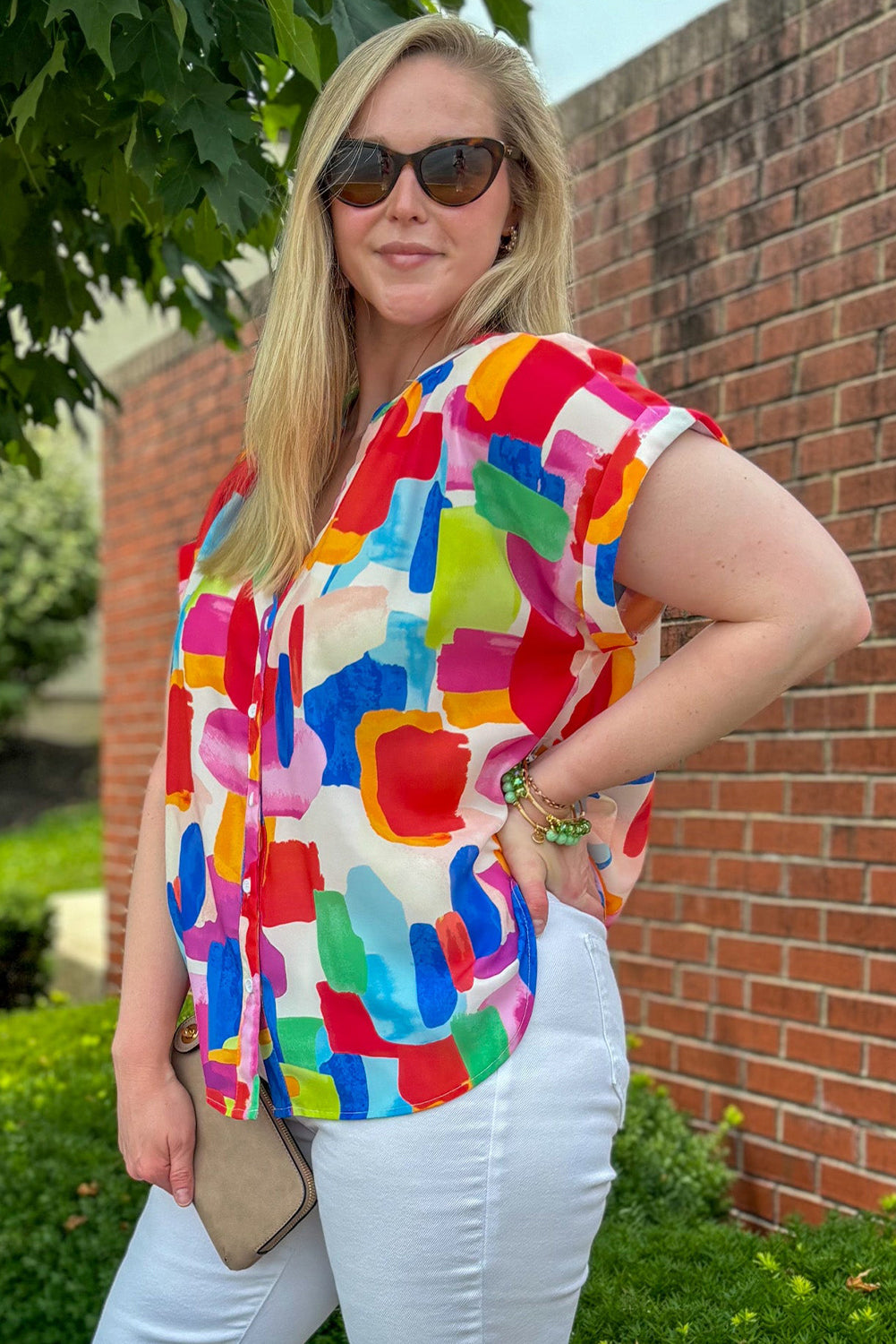 Colorful Brush Stroke Printed Button Split Neck Blouse
