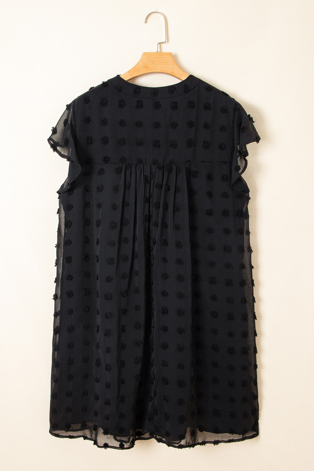 Black Dotty Textured Notched Neck Ruffled Dress