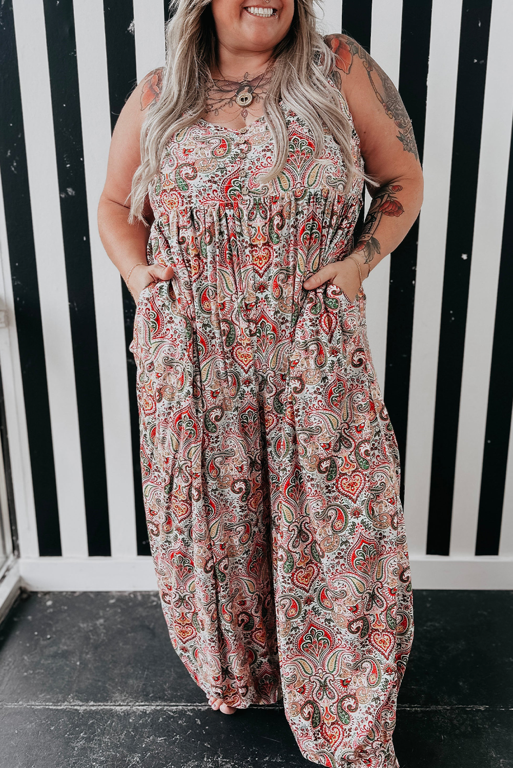 Paisley Print Sleeveless V Neck Jogger Jumpsuit