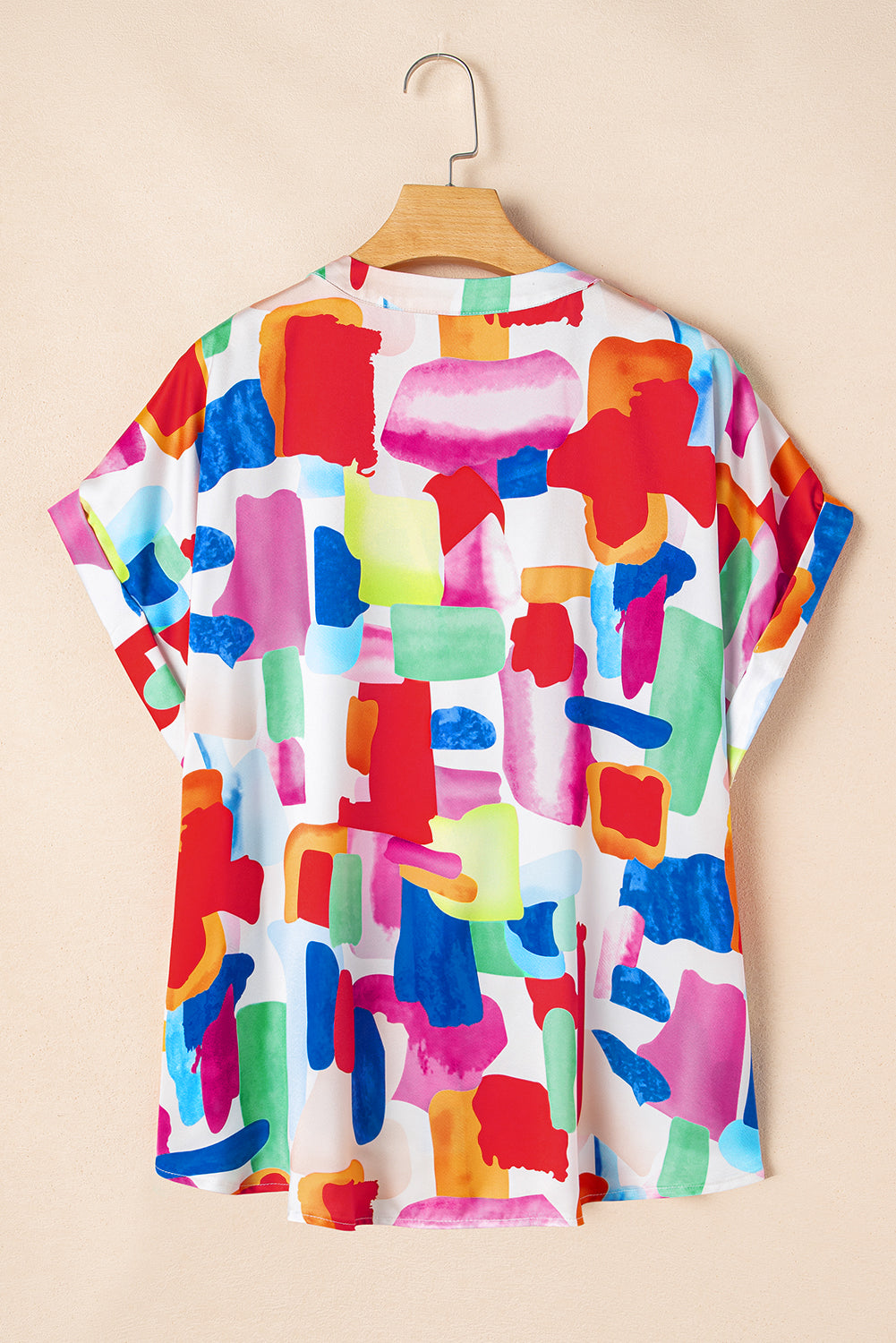 Colorful Brush Stroke Printed Button Split Neck Blouse