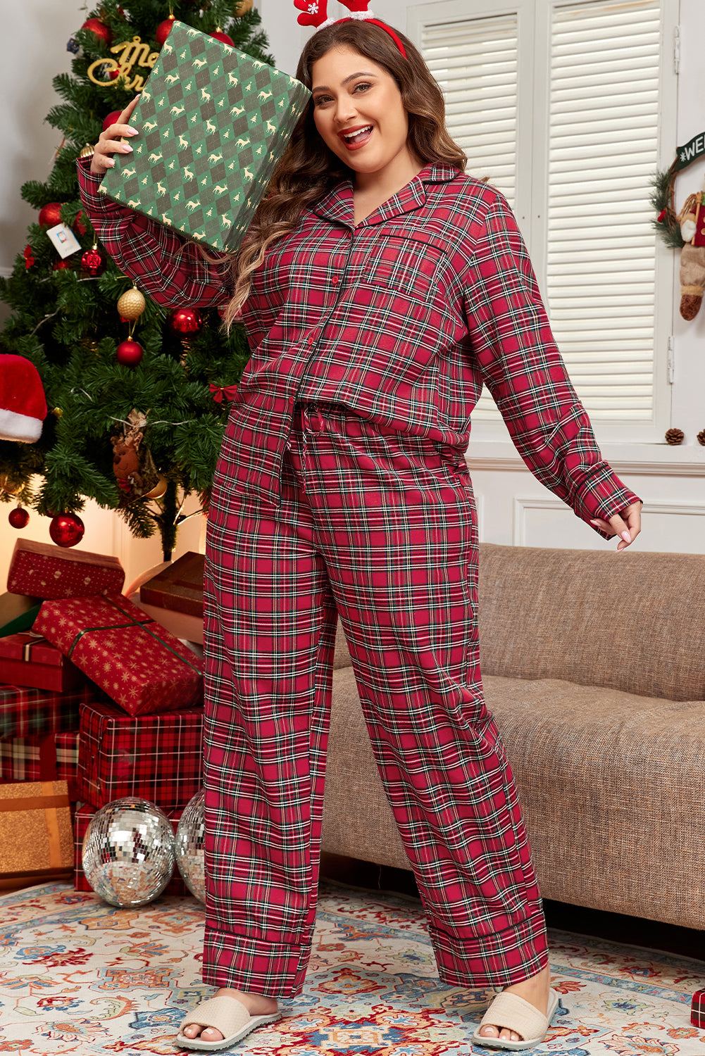 Red Plaid Printed Shirt and Pants Lounge Set