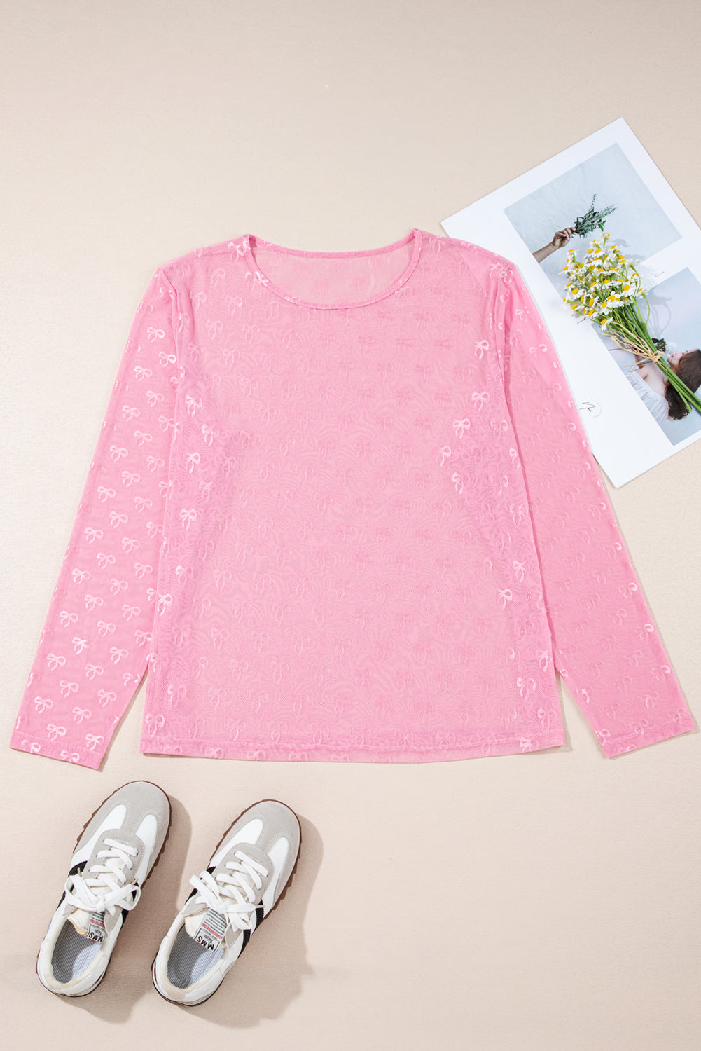 Pink Bow Embroidered Mesh Long Sleeve Top