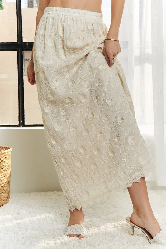 ADORA Elastic Waist Applique Maxi Skirt in Beige