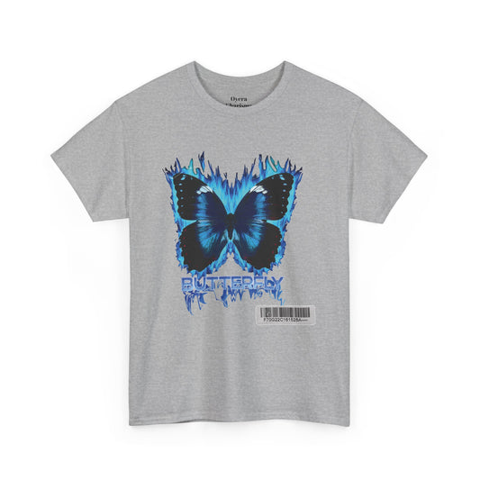 Blue Flame Butterfly T-Shirt — Graphic 'BUTTERFLY' Tee with Barcode