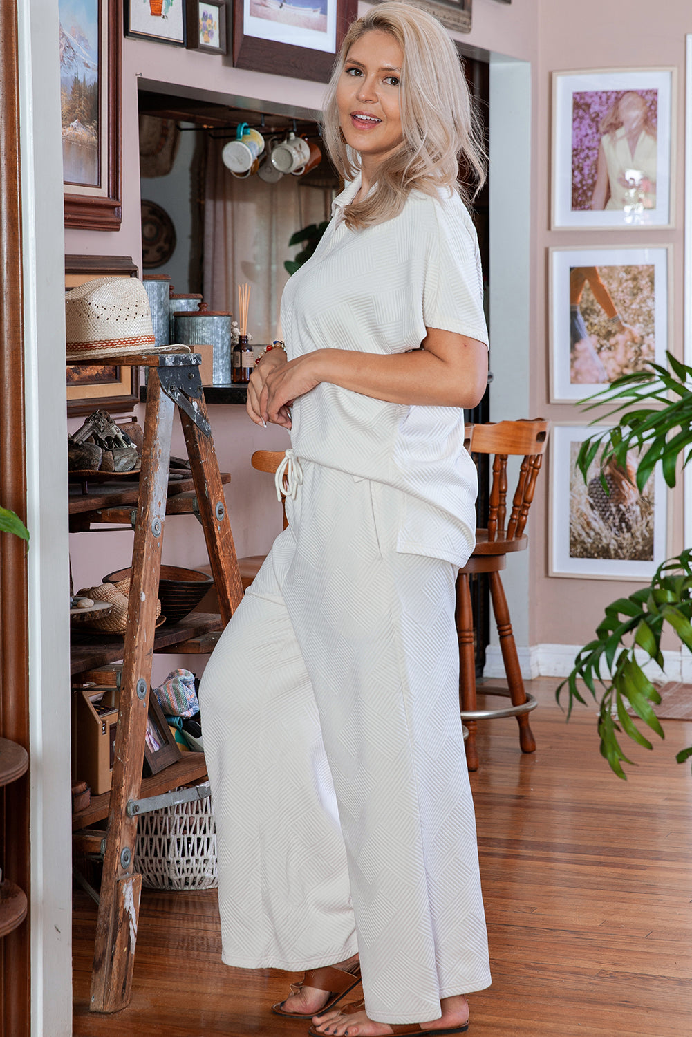 Beige Textured Collared Top and Pants Set