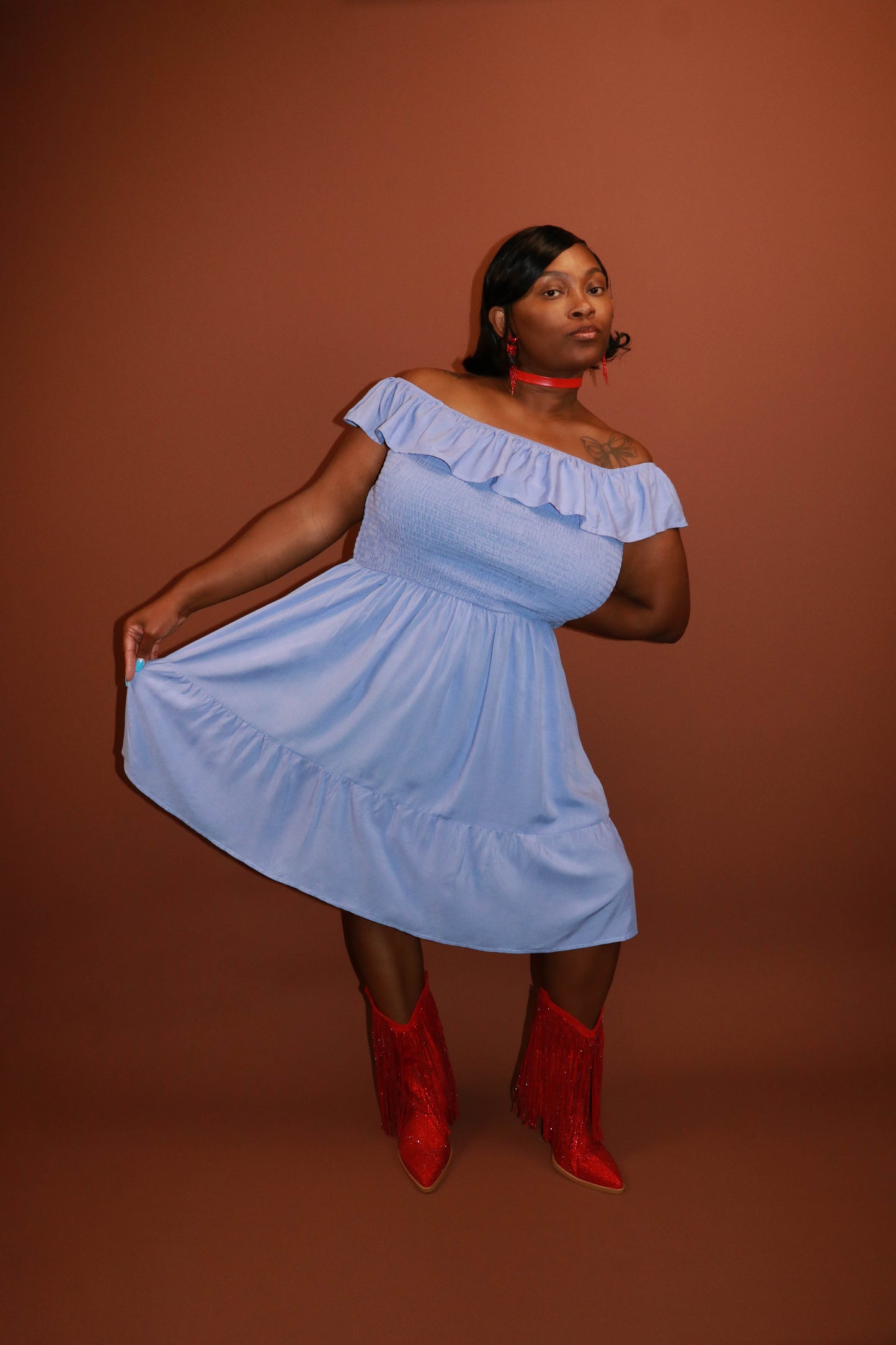 Ruffled Smocked Off-Shoulder Mini Dress