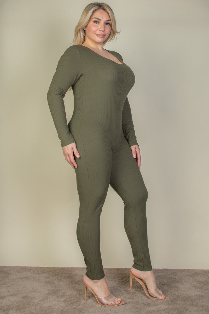 Ribbed Scoop Neck Long Sleeve Jumpsuit