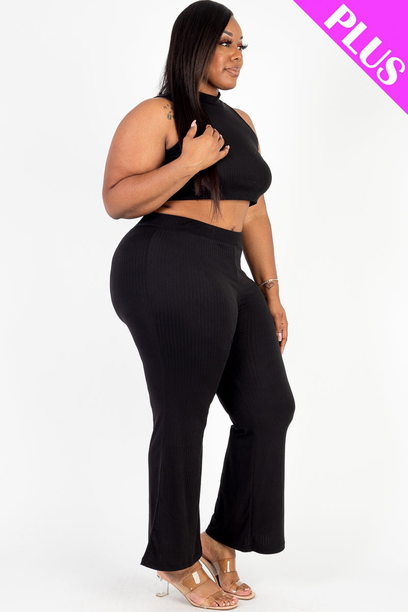 Ribbed Mock Neck Crop Tank Top& Bootcut Pants Set