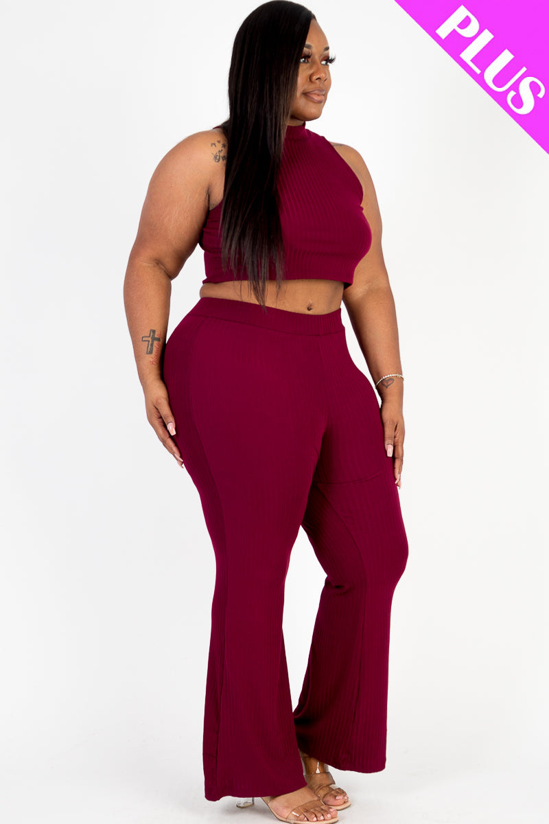 Ribbed Mock Neck Crop Tank Top& Bootcut Pants Set