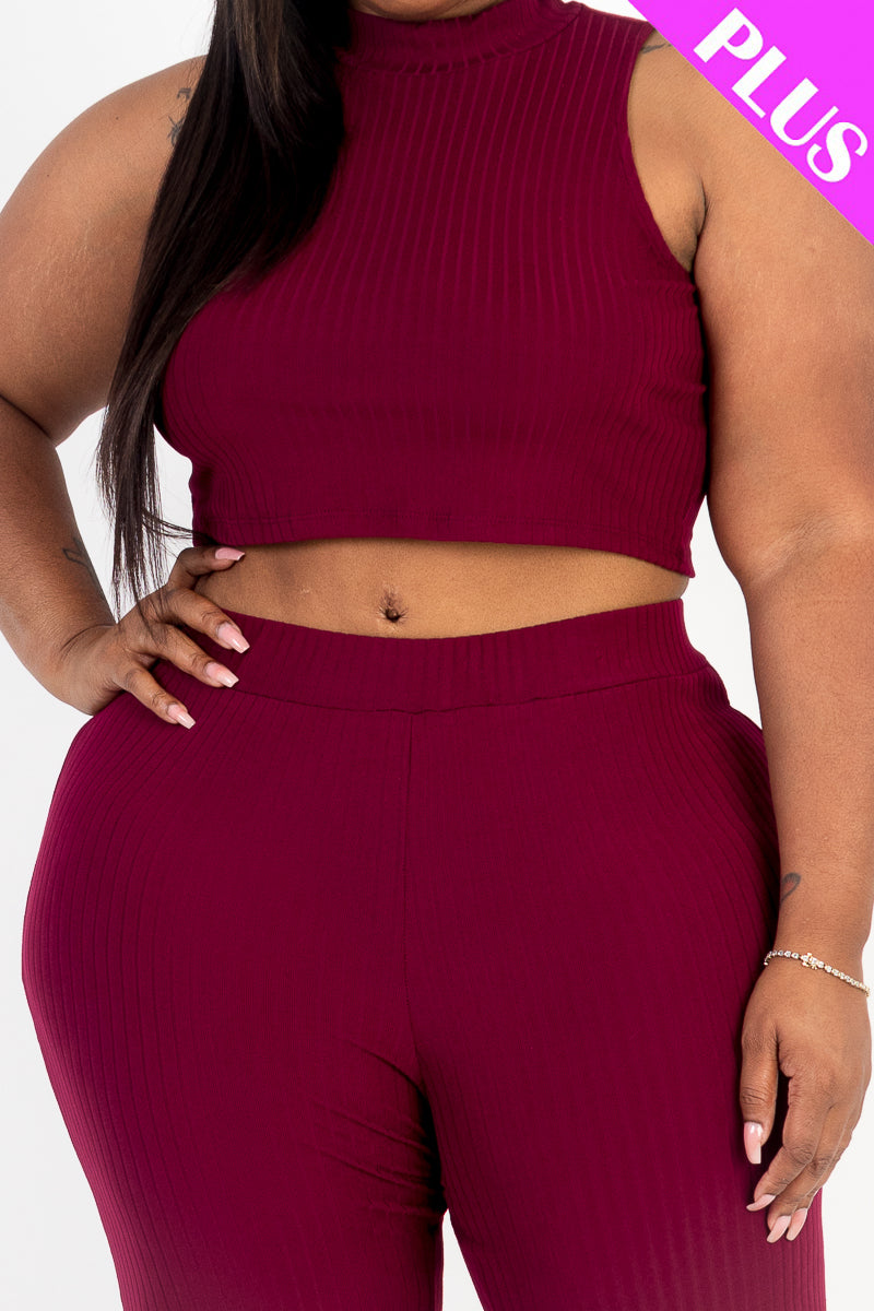 Ribbed Mock Neck Crop Tank Top& Bootcut Pants Set