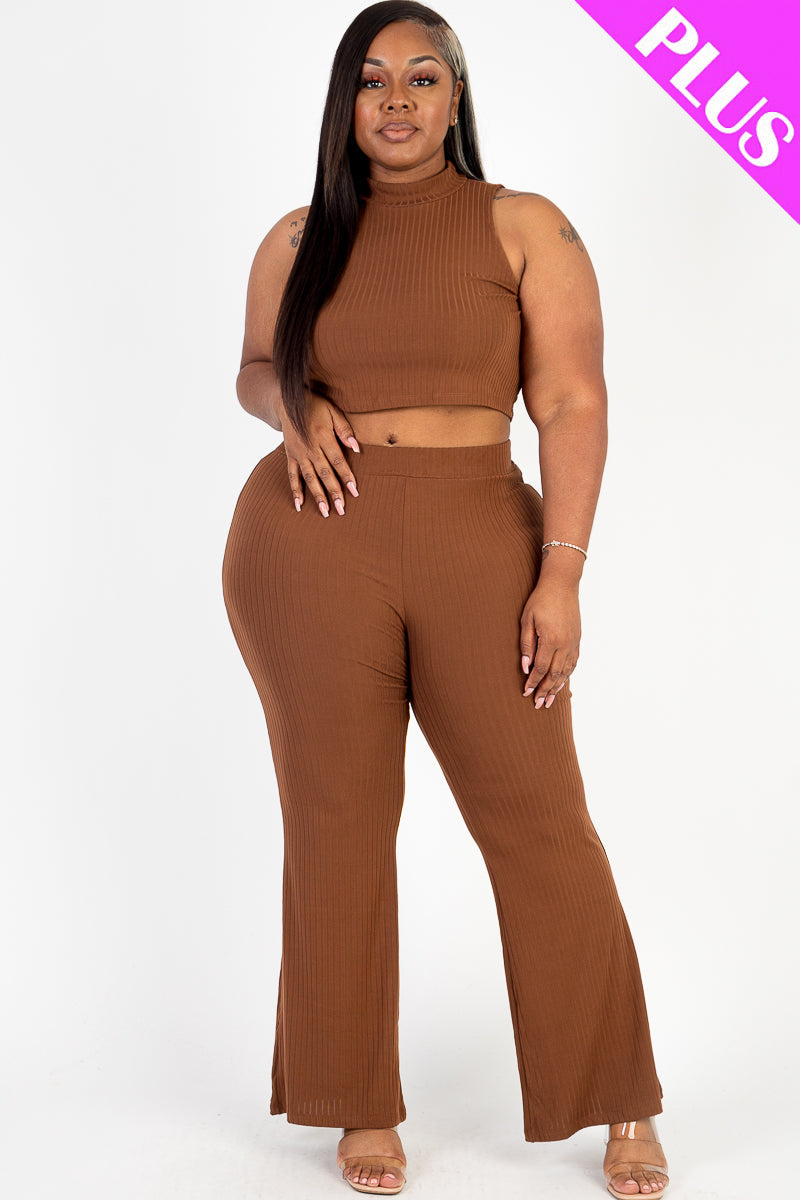 Ribbed Mock Neck Crop Tank Top& Bootcut Pants Set