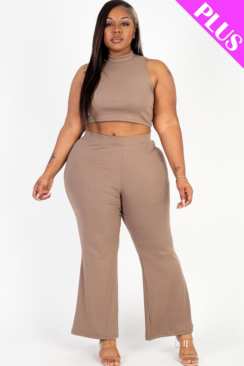 Ribbed Mock Neck Crop Tank Top& Bootcut Pants Set