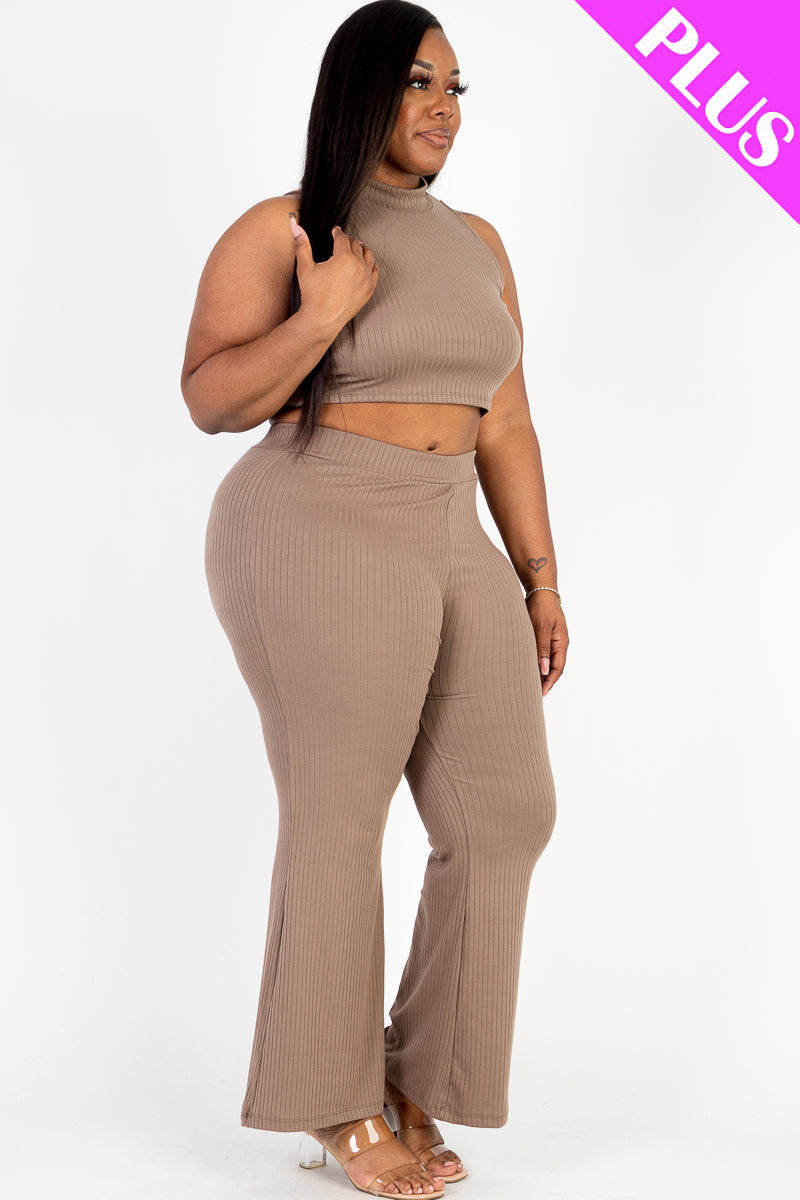 Ribbed Mock Neck Crop Tank Top& Bootcut Pants Set