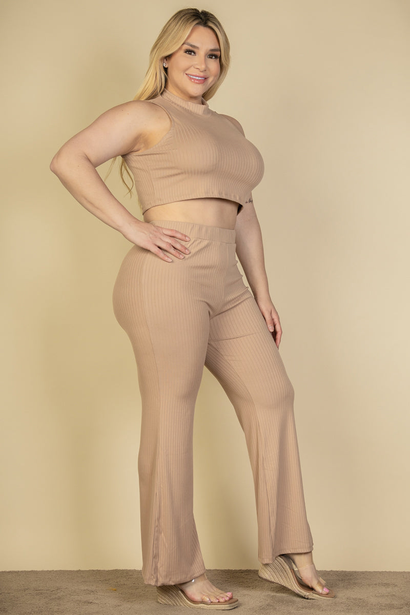 Ribbed Mock Neck Crop Tank Top& Bootcut Pants Set